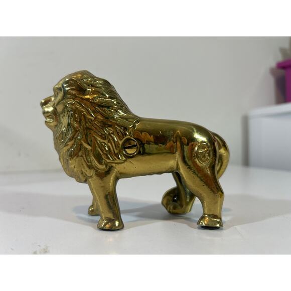 Antique Vintage Brass Tone Cast Iron Lion Coin Bank 4" x 5" - Picture 1 of 4